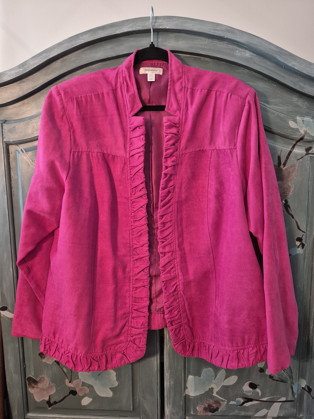 Dress Barn Ruffled Open Front Jacket in Hot Pink